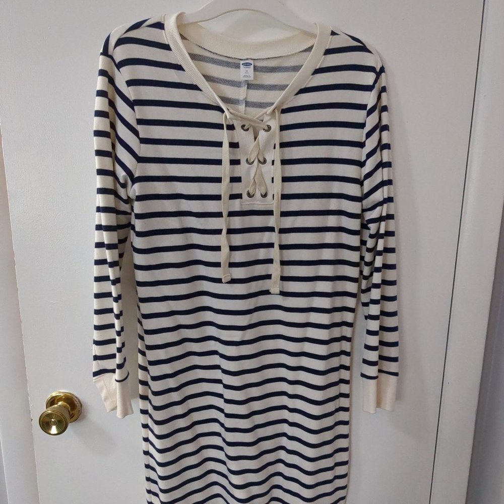 Old Navy - navy blue and cream striped shirt dress